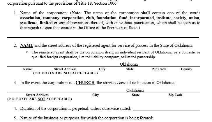 Oklahoma Certificate Of Organization