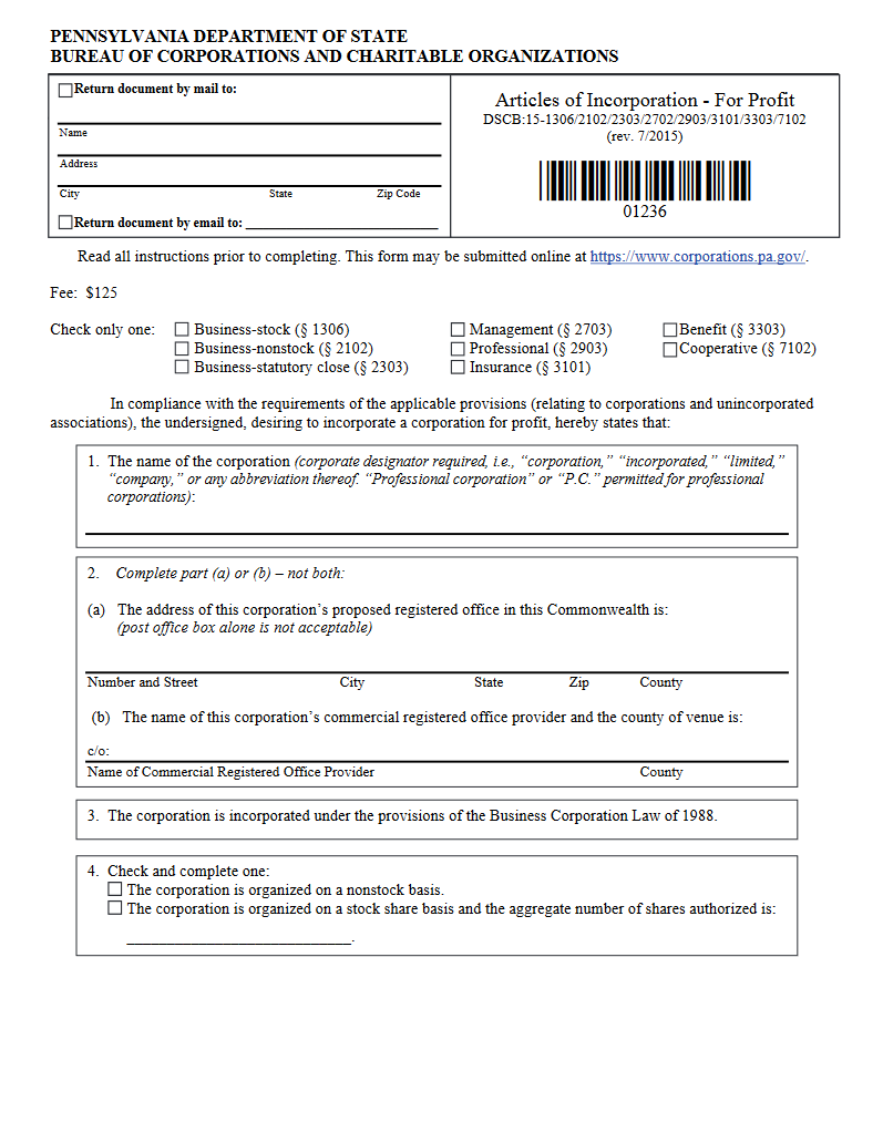 Articles Of Incorporation Template Pa