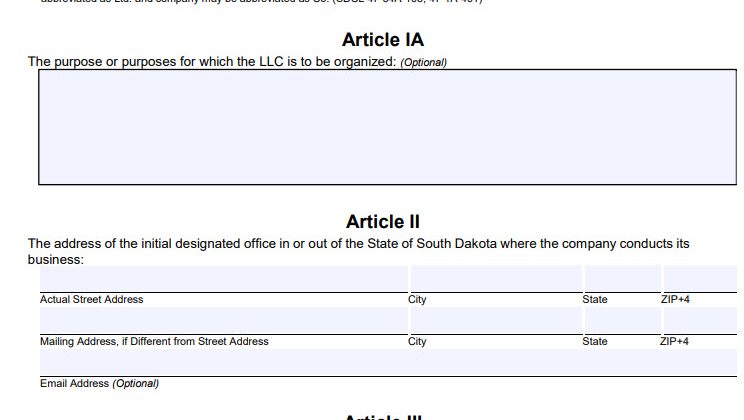 South Dakota Certificate Of Organization