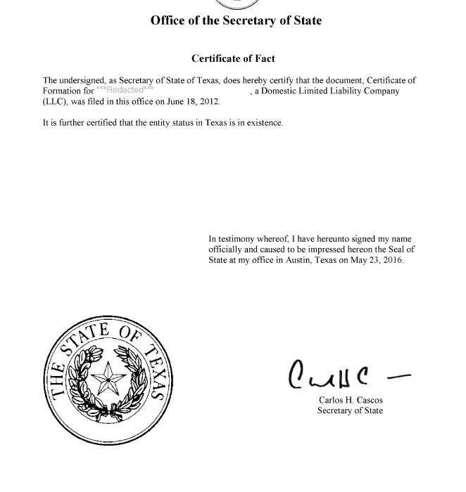 Texas Certificate of Organization LLC Bible