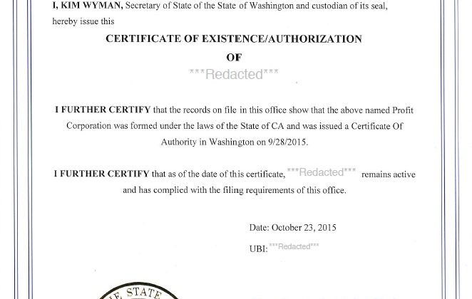 Washington Certificate Of Organization