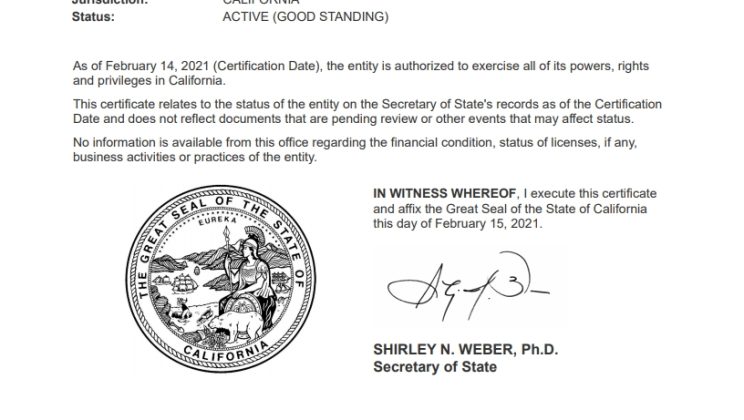 certificate Of Good Standing Secretary Of State