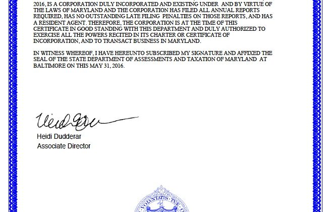 certificate Of Status Maryland