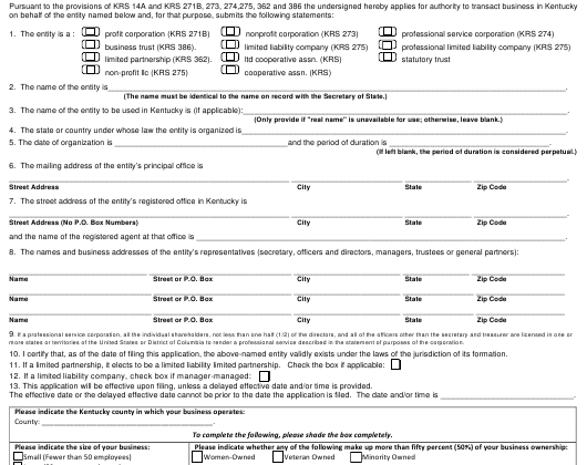 kentucky Application For Certificate Of Authority