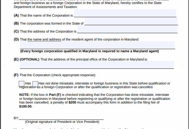 maryland Foreign Corporation Qualification