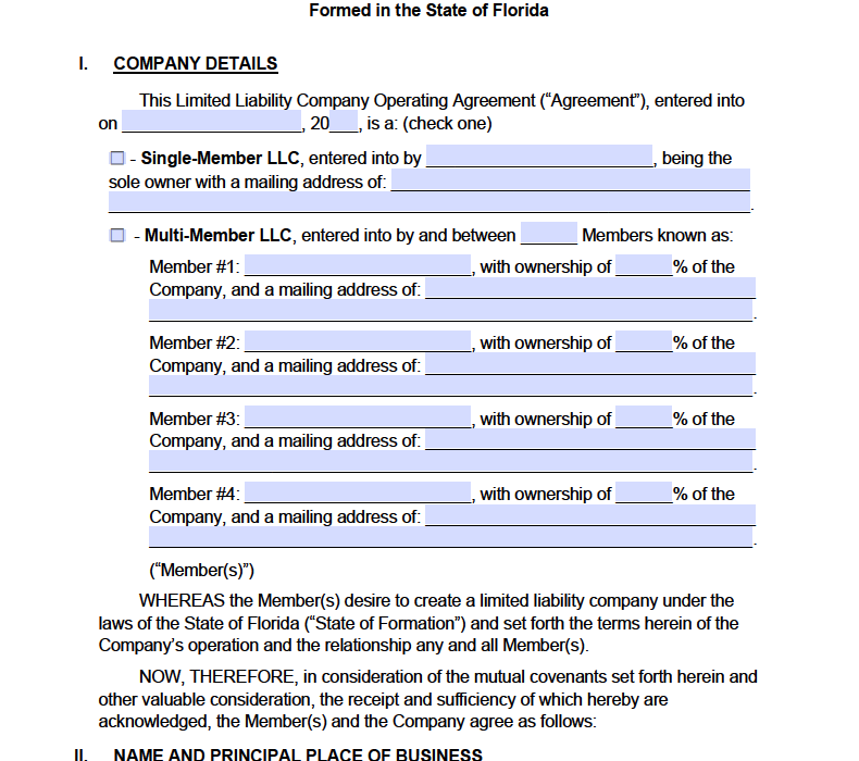 Simple Llc Operating Agreement Florida LLC Bible