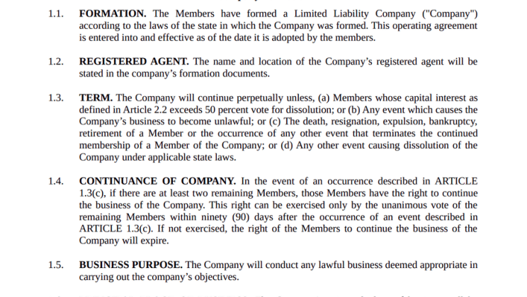 example Of Operating Agreement For Llc