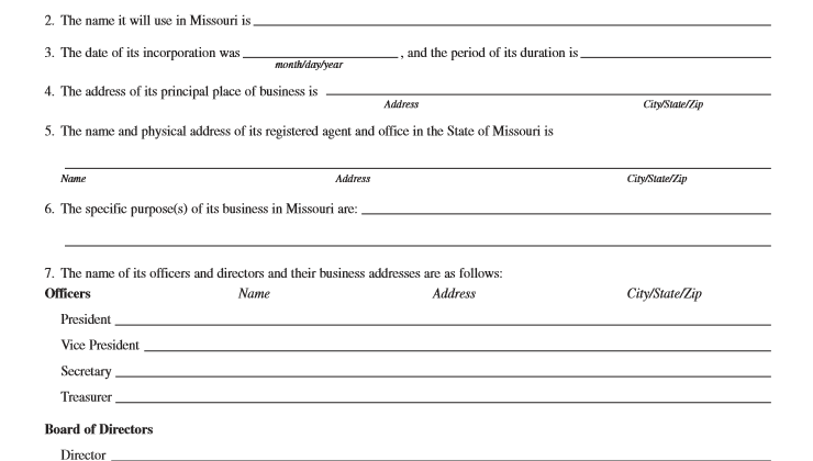 missouri Application For Certificate Of Authority For A Foreign For-profit Corporation