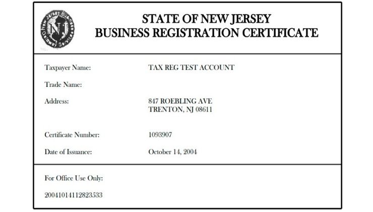 new Jersey Business Registration Certificate