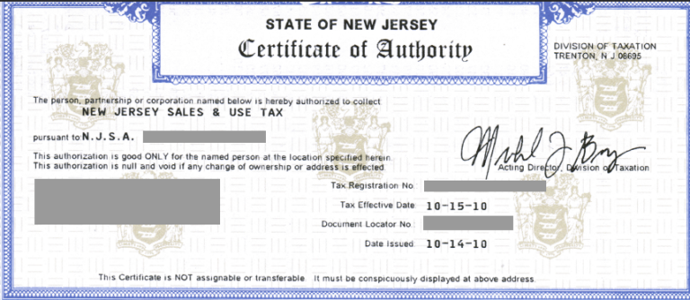 Nj Sales Tax Certificate Of Authority LLC Bible